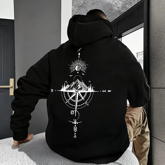 Vintage Men'S Hoodie with Compass Print High-Quality and Fashionable Hoodie Daily Casual Hoodie Comfortable Sweatshirt