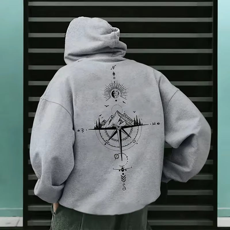 Vintage Men'S Hoodie with Compass Print High-Quality and Fashionable Hoodie Daily Casual Hoodie Comfortable Sweatshirt